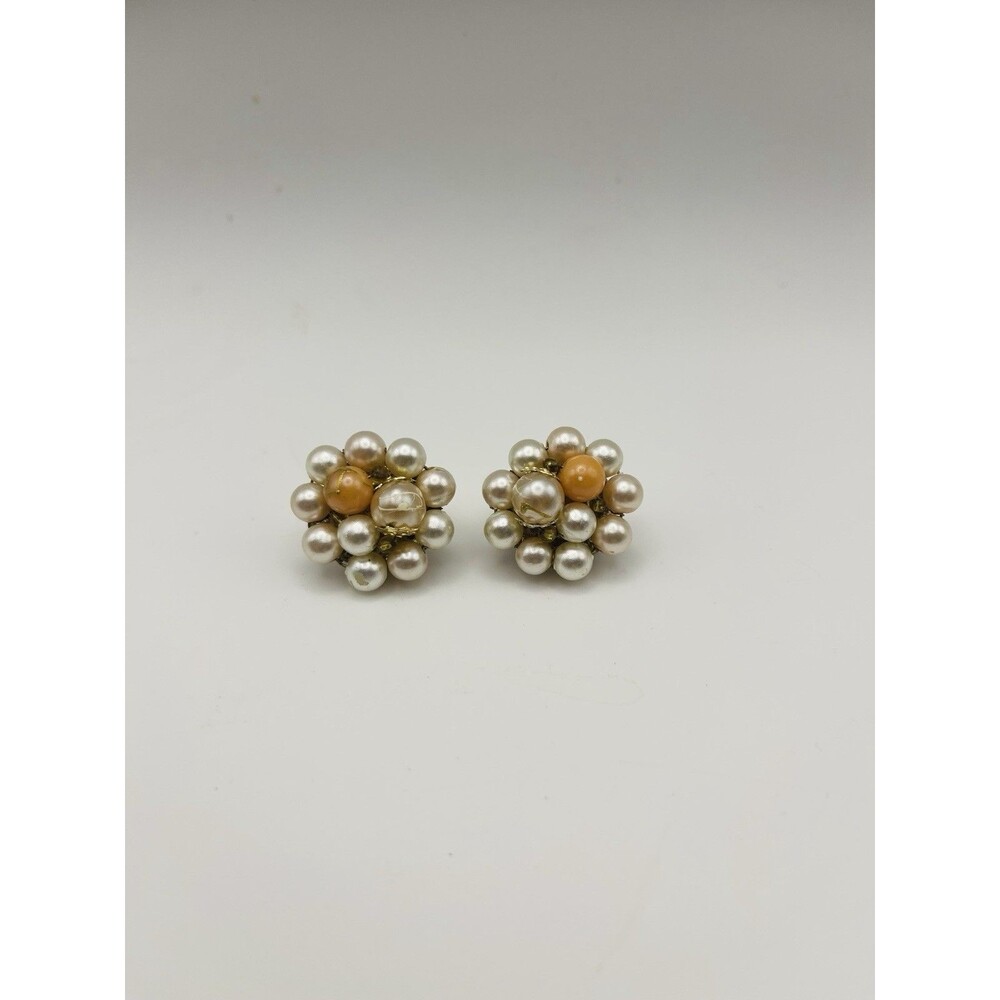 Vintage Japan Faux Pearl Cluster Clip On Earrings Peach Orange Center Gold Tone